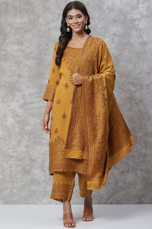 Mustard Jacquard Straight Kurta image number 0